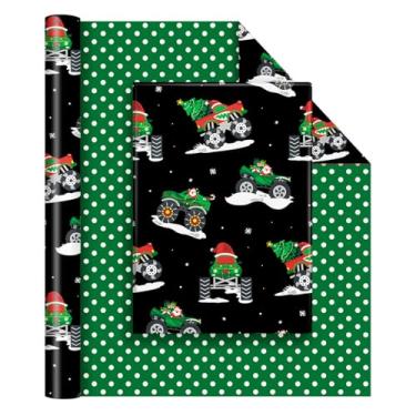 Imagem de WERNNSAI Papel de embrulho de Natal Monster Truck – 1 rolo de 43 cm x 10 m, papel de embrulho de Natal, árvores de Natal, papel de embrulho de carro, preto, verde, para crianças, adultos, festa de