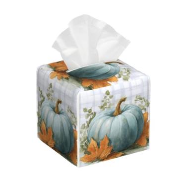 Imagem de Abóboras Azuis Capa de Caixa de Lenço Outono Folhas Xadrez Quadrado Couro Porta-lenços Decorativo Facial Cubo de Papel Organizador para Banheiro Noite Mesa Mesa Sala de Estar Casa