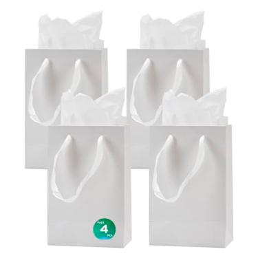 Imagem de Aosric Pacote com 4 sacos de presente brancos 12 x 8 x 8 cm com papel de seda - pequenos sacos de presente resistentes e reutilizáveis com alças de fita para joias, perfumes, lembrancinhas de festa