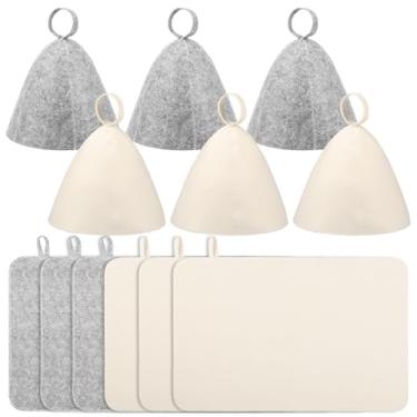 Imagem de 6 peças de chapéus de sauna e 6 peças de tapetes de sauna, chapéu de sauna de feltro, toucas de cabelo de banho com laços, tapete de sauna com isolamento térmico, chapéu de chuveiro com proteção de
