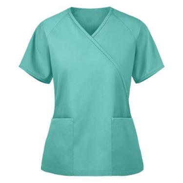 Imagem de Blusa feminina de manga curta com decote em v uniforme de trabalho cor