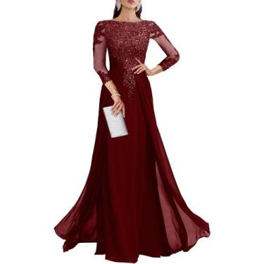 Imagem de Vestido Geforsp Burgundy, manga 3/4, lantejoulas, renda, tamanho 14