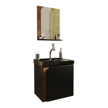 Imagem de Gabinete Banheiro Lirio com 1 Porta Espelheira e Cuba Preta Preto Fosco/ripa 3d