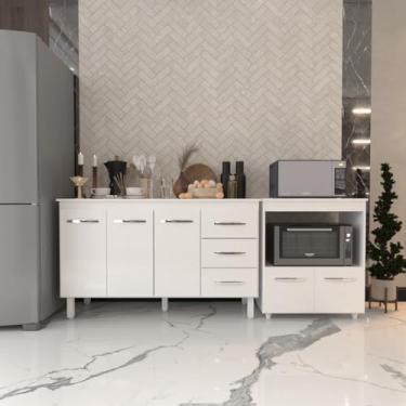 Imagem de Mobília Decor, Gabinete Armário Carine 138 cm com Tampo Tampão e Balcão Amanda para Forno e Microondas Branco