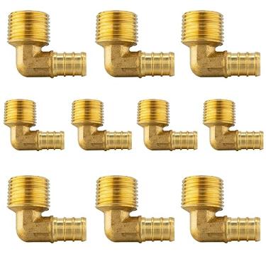 Imagem de GUOFIS Pacote com 10 acessórios PEX, Pex 1/2 "x 1/5.1 cm macho rosqueado NPT cotovelo farpa crimpagem latão encaixe, 1/2 polegada F1807 cotovelo macho para tubos Pex em trabalhos de encanamento