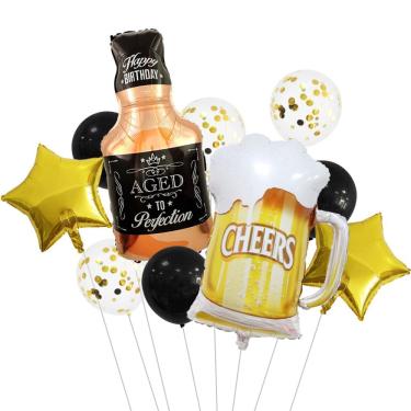 Imagem de Conjunto de balões, caneca de cerveja e garrafa de uísque, 10 unidades com papel alumínio e látex