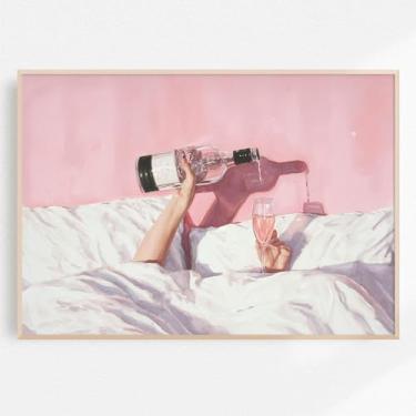 Imagem de Wine In Bed Poster Rosa Estética Arte Champagne Poster Funky Girly Prints Pink Cheers Arte de parede em tela Preppy Picture Trendy Teen Girl Wall Art Drinking Bar Cart Print Sala de estar 40 x 61 cm