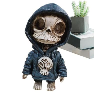 Imagem de Escultura de esqueleto, brinquedo de figura de esqueleto, Estatuetas de crânio de esqueleto de Halloween, Estatuetas legais de esqueleto de caveira com capuz, colecionáveis artesanais de caveira de