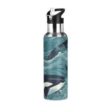 Imagem de Wassud Baleias Garrafa de água esportiva de aço inoxidável com isolamento a vácuo de 1000 ml com tampa de canudo à prova de vazamento, copo portátil, academia, viagem