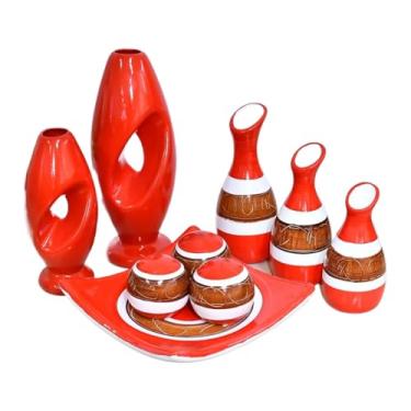 Imagem de Vaso Decorativo De CerâMica – Vaso Artesanal, Adequado Para Colocar No Centro Da Mesa De Jantar, Aparador, Alcova Ou Prateleira.(VERMELHO DS 9PÇS)