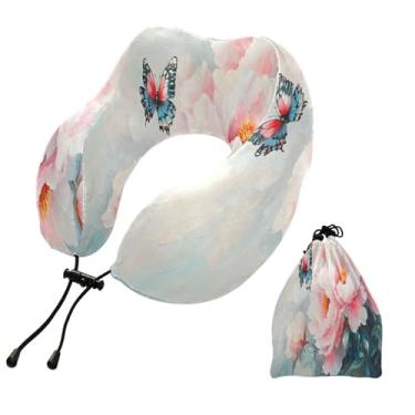 Imagem de CEBUGI Travesseiros de viagem portáteis em forma de U, travesseiro de pescoço de espuma viscoelástica com trava de corda ajustável para avião, viagem, trem, negócios, escritório, soneca (flor de