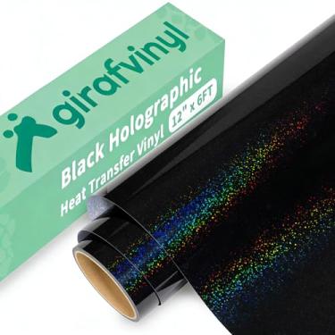 Imagem de GIRAFVINYL HTV Holográfica Preto Glitter Vinil Transferência de Calor 30,5 cm x 1,8 m Preto Holográfica Transferência de Calor Vinil Glitter Ferro em Vinil Preto HTV para Camiseta, Decorações de