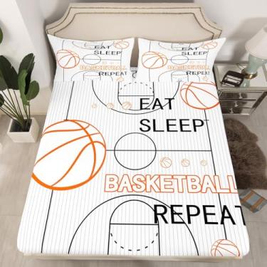 Imagem de jejeloiu Jogo de lençol infantil Queen com estampa de bola de basquete para meninos e meninas comer dormir bola de basquete, tema esportivo, branco, bolso profundo