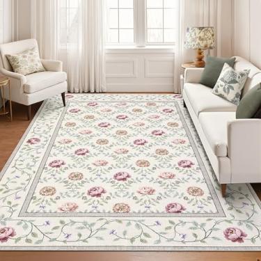 Imagem de GarveeHome Tapetes laváveis de 20 x 25 cm para sala de estar, tapetes florais boêmios, antiderrapantes, macios, macios, resistentes a manchas, design floral, vintage, tapete grande para quarto, sala