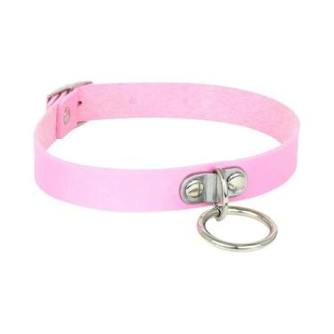 Imagem de Colar Choker De Couro PU Rosa Com Pingente De Metal Punk E Franjas Par