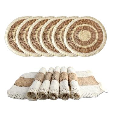 Imagem de ECOMAID Jogo americano Boho feito à mão, conjunto de 6 - tapetes de mesa combinados de serapilheira de algodão natural e palha de água, decoração de macramê e estilo casa de fazenda, para mesa de