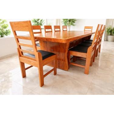 Imagem de Conjunto de Mesa em Madeira Maciça Angelim tampo(300cm x 85cm x 5,5cm) com 10 Cadeiras Coloniais Rústicas Angelim Estofadas no Assento - Pés Formato Taça - Acabamento Verniz Auto Brilho – 10 lugares