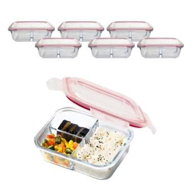 Imagem de Kit 6 Potes De Vidro 1410ml 3 Divisórias Hermético Marmita Fit Com Tra