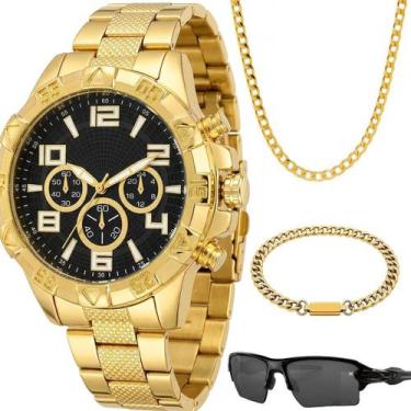 Imagem de Relogio Masculino Banhado + Oculos Sol + Pulseira social ouro proteção
