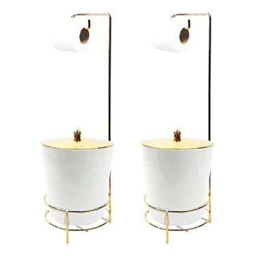 Imagem de Kit 2 Suporte Porta Papel Higiênico Com Lixeira 5L Tampa Banheiro Branco Dourado - AMZ