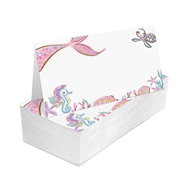 Imagem de Cartões de lugar para casamento, aniversário ou festa, sereia, cartões de lugar de nome preenchidos pela vida marinha, cartões de mesa de assento dobrável, pacote com 25, dobra em 8,5 x 5 polegadas (zuoweika-A015)