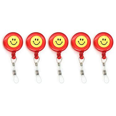 Imagem de Porta-crachá retrátil crachá crachá crachá metal carretel no porta-cartões, sorrindo rosto cores sortidas, cordão de puxador de 71 cm de espessura, Vermelho
