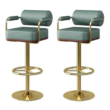 Imagem de Conjunto giratório ajustável de 2 bancos de bar com encosto e apoio para os pés - Cadeira de bar de couro sintético, banquetas de bar com altura de balcão para jantar na ilha da cozinha - Pés dourados