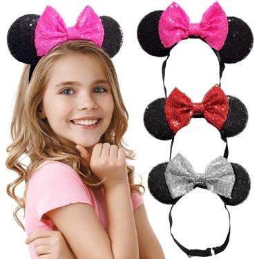 Imagem de Tiara Minnie Ears com laço de lantejoulas brilhantes (3 peças) – orelhas de rato para meninas e mulheres – faixa elástica ajustável, sem dor de cabeça, glitter completo
