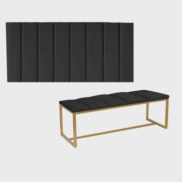 Imagem de Kit Painel Carla e Recamier Industrial 100cm Solteiro Box Ferro Dourado Suede Preto - Ahz Móveis