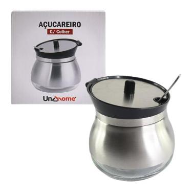 Imagem de Açucareiro de Aço Inox com Colher, 9 cm x 8,5 cm, Preto, Base em Vidro
