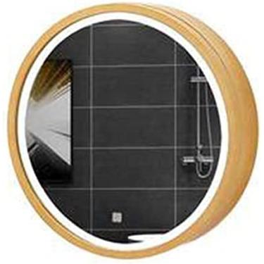 Imagem de AKALNNB Armário de banheiro com iluminação LED, moldura de madeira redonda montada na parede armário de armazenamento armário de remédios com interruptor de toque inteligente, totalmente montado