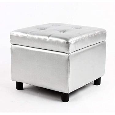 Imagem de Espreguiçadeira quadrada de couro otomano estofado pequeno com armazenamento com pernas de madeira para mudança de sapatos para quarto, sala de estar, prata