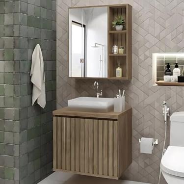 Imagem de Conjunto Gabinete de Banheiro 60cm Ripado C/Cuba Espelheira (Avelato)