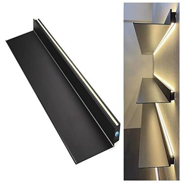 Imagem de Prateleira flutuante de alumínio montada na parede, luz LED iluminada embutida, decoração de casa, estante utilitária, organizador de armazenamento para bancada de bar de entrada (cor: preto, tamanho