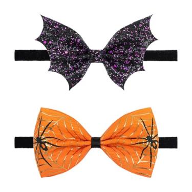 Imagem de ONENINEDREAM Faixas de cabelo de Halloween para meninas de 14 cm, laço de cabelo de aranha com glitter, faixa de cabeça de morcego, 2 peças, acessórios de cabelo, roupas de Halloween