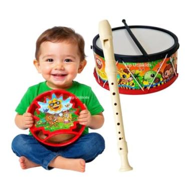 Imagem de Kit 3 Pandeiro Brinquedo Musical Infantil Criança Nf Tambor Bumbo Educacional