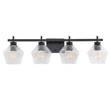 Imagem de HEERTAI Luminárias modernas de banheiro de 77 cm, 4 luzes de penteadeira, lâmpada de parede preta com persianas de taça de vinho caneladas, lâmpada de arandela de parede para espelho sala de estar