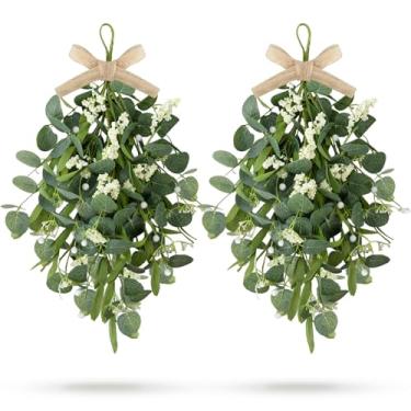 Imagem de 2 grinaldas de eucalipto de 61 cm para porta da frente, vegetação artificial, grinaldas de lágrima, primavera, verão, grinaldas verdes para pendurar em casa de fazenda, com fita de frutas silvestres