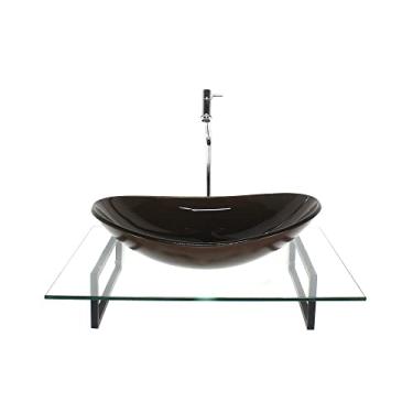 Imagem de KIT CUBA DE VIDRO OVAL MARROM COM TAMPO 60CM INCOLOR E SUPORTE PRETO