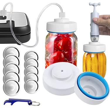 Imagem de BUVLIVU Selador a Vácuo para Frascos Mason Jar Compatível com FoodSaver, Kit com Selador de Boca Larga e Regular, Bomba Manual, 5 Tampas de Vidro, Branco, Semi-Automático, Plástico ABS