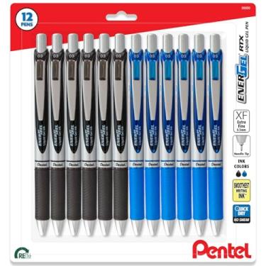 Imagem de Pentel Energel Caneta de gel líquido retrátil ultra fina Rtx de 0,3 mm - ponta de agulha - pacote com 12 de 6 canetas de tinta preta e 6 canetas azuis Deluxe