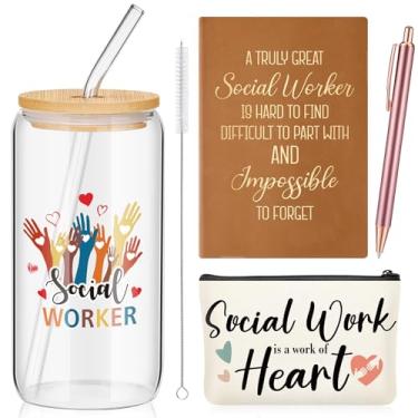 Imagem de Dinifee 4 peças presentes de assistente social para mulheres incluem caneca copo de aço inoxidável de 590 ml com pincel de palha A5 bolsa de maquiagem de couro para notebook e caneta esferográfica,