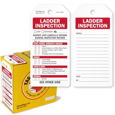 Imagem de SmartSign Pacote com 100 etiquetas de inspeção de escada com lista de verificação para degraus/degraus/verticais/suspensórios/dobradiças/fechaduras/cordas, etiquetas de dois lados na caixa