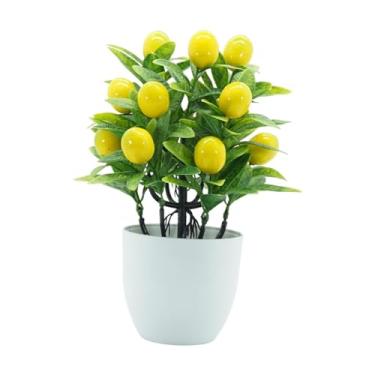 Imagem de WeiLaiKeQi Árvore frutífera falsa plantas de frutas artificiais bensai de mesa com panela branca flores falsas planta mini planta falsa para janela, Limão