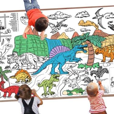 Imagem de Leezead Pôster de colorir gigante de dinossauro, 182 x 76 cm, pôster grande de colorir com tema de dinossauros e capa de mesa, toalha de mesa de papel para desenho de atividades em casa, sala de aula