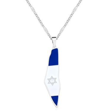 Imagem de Zircobic Colar com mapa de Israel com detalhes em bandeira, pingente de estrela de Davi de aço inoxidável, joia com símbolo judaico para homens e mulheres – Cores douradas e prateadas disponíveis, One