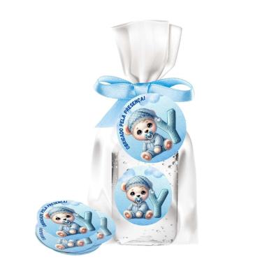 Imagem de kit 25 Lembrancinhas Alcool Gel Ursinho Azul Maternidade e Chá De Bebê 30ml Aroma de Bebê