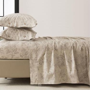 Imagem de FADFAY Jogo de lençol solteiro de algodão percal – Roupa de cama floral botânica vintage, macio e respirável, lençol com elástico alto, estilo country francês