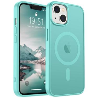 Imagem de SUPFINE Capa magnética para iPhone 14 e iPhone 13 (compatível com MagSafe) (proteção contra quedas de grau militar) fina, translúcida, fosca, à prova de choque, azul, verde