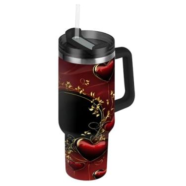 Imagem de ATTX Copo de Dia dos Namorados de 1,134 g com alça, copo de aço inoxidável a vácuo de parede dupla com palha, caneca de café de viagem isolada #434